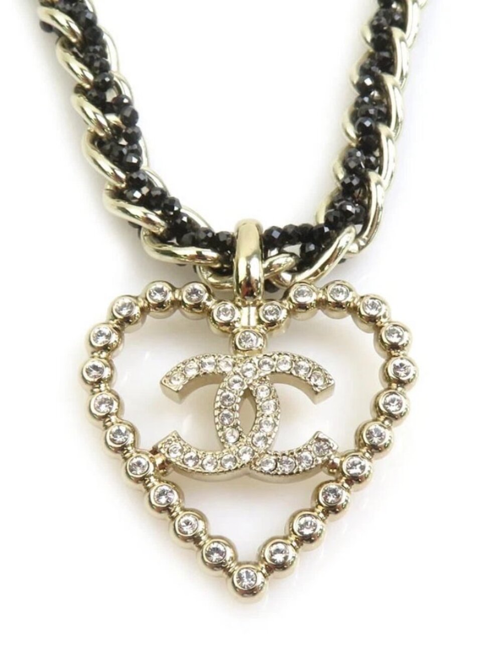 Auth CHANEL CC Logo Heart Motif Necklace Gold/Black Metal/Rhinestone - h32533d